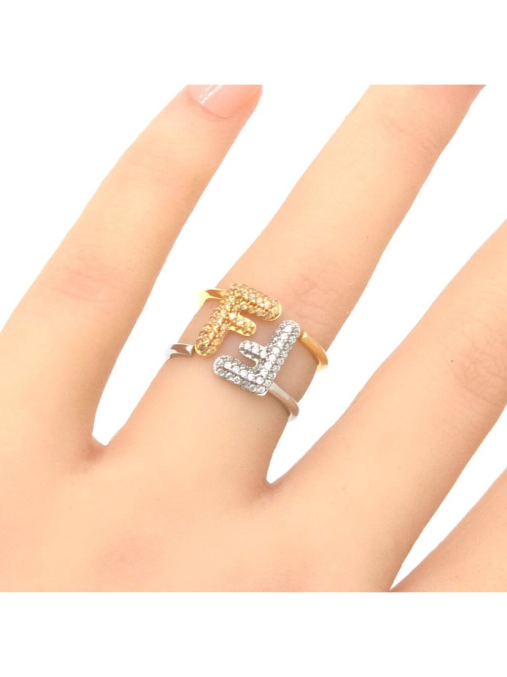 Fendi FF Logo Ring Set S Gold Silver Polished Metal Crystal